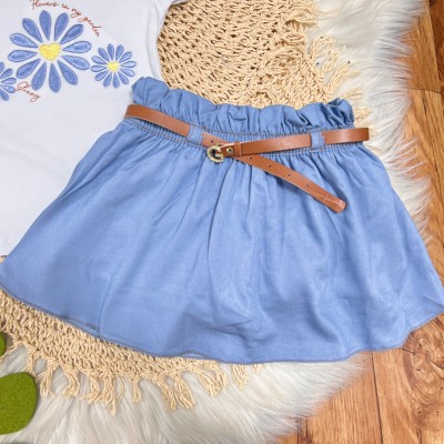Conj. Blusa Flowers in My Garden e Short Saia - Branco e Azul Jeans