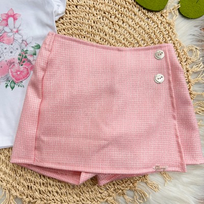 Conj. Blusa Bolsinha com Flores e Short Saia - Rose