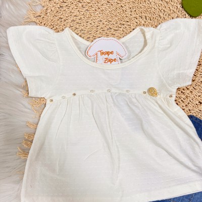 Conj. Batinha com Pérolas e Short Jeans - Off White 