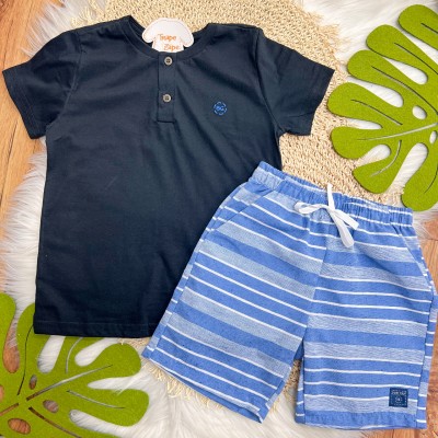  Conj. Camiseta BG e Bermuda Listrada - Preto e Azul