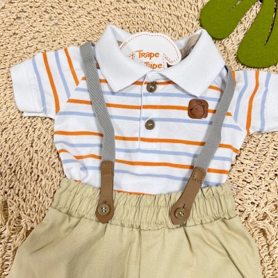 Conj. Body Gola Polo Listrado e Bermuda com Suspensório - Laranja e Areia