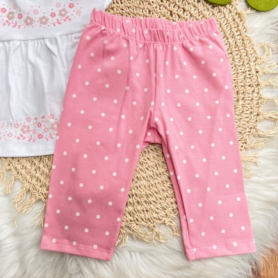 Conj. Batinha Florzinhas e Calça Legging - Off White e Rosa