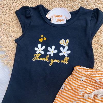 Conj. Blusa Thank You All e Short Florzinhas - Preto e Laranja