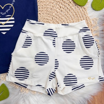 Conj. Blusa Corações e Short Círculos - Marinho e Off White  