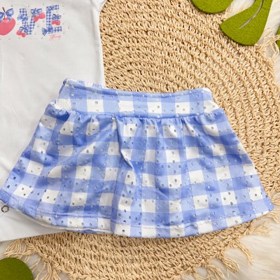 Conj. Body Love e Short Saia Xadrez - Branco e Azul