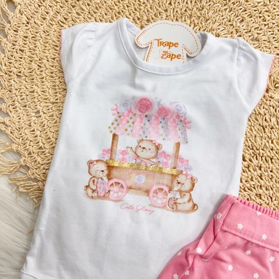 Conj. Body Ursinhas e Short Florzinhas - Branco e Rosa