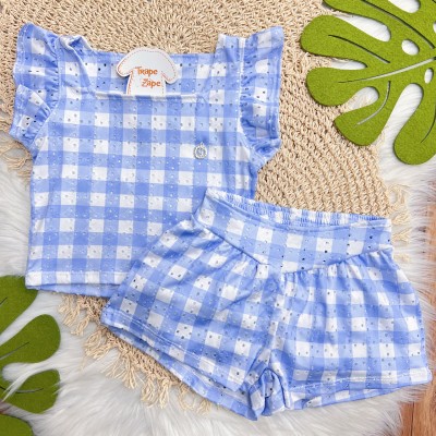  Conj. Blusa Lese e Short Xadrez - Azul Bebê e Branco