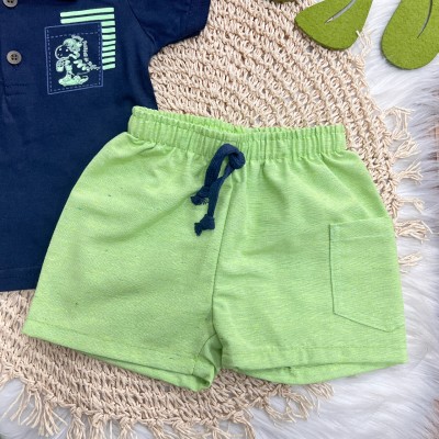 Conj. Camiseta Polo Dino Skatista e Bermuda - Marinho 