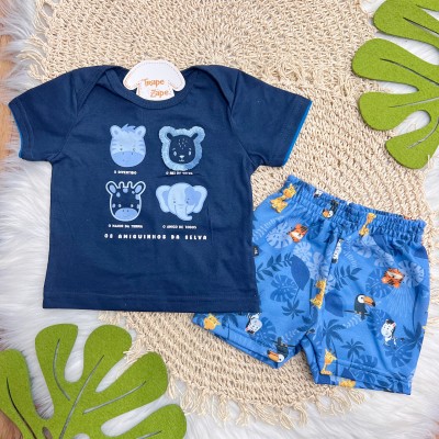 Conj. Camiseta Amiguinhos da Selva e Bermuda - Marinho