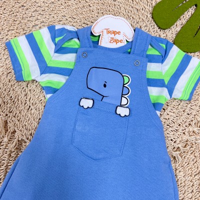  Conj. Body Listrado e Jardineira Dino - Verde e Azul