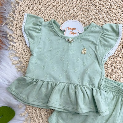 Conj. Blusa Pérolas com Ursinho e Short - Verde