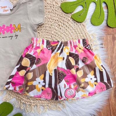 Conj. Blusa Bloom e Short Saia Floral - Marrom e Rosa