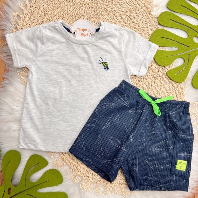 Conj. Camiseta Aviãozinho de Papel BG e Bermuda - Mescla e Marinho