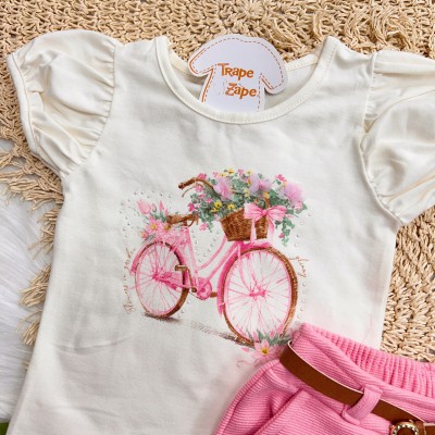 Conj. Blusa Bicicleta Floral e Short com Cinto - Off White e Rose