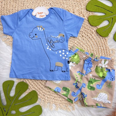  Conj. Camiseta Baby Dino Skatista e Bermuda - Azul e Areia