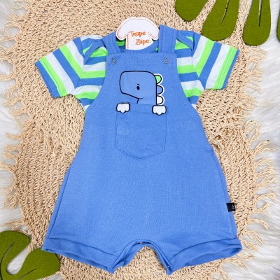  Conj. Body Listrado e Jardineira Dino - Verde e Azul