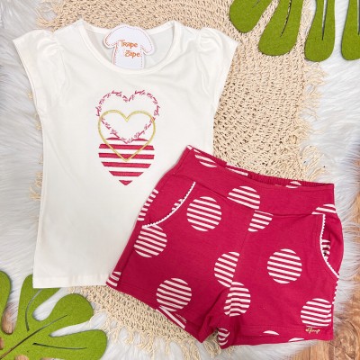 Conj. Blusa Corações e Short Círculos - Vermelho e Off White  