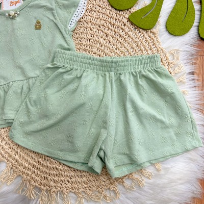 Conj. Blusa Pérolas com Ursinho e Short - Verde