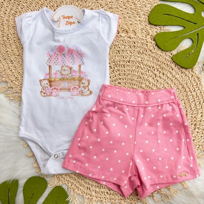 Conj. Body Ursinhas e Short Florzinhas - Branco e Rosa