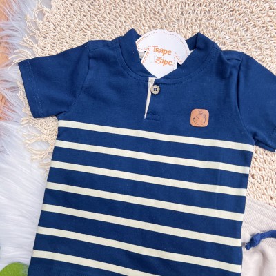 Conj. Camiseta Listrada Príncipe Urso e Bermuda - Marinho e Areia