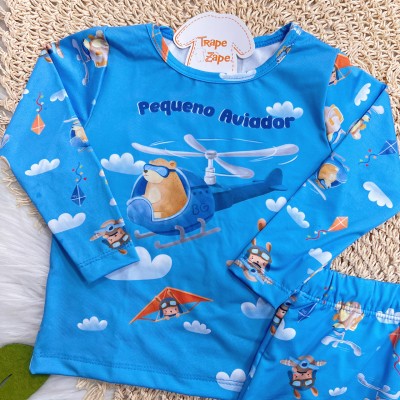 Linha Praia - Blusa Manga Longa Pequeno Aviador e Sunga com Proteção UV50+ - Azul 