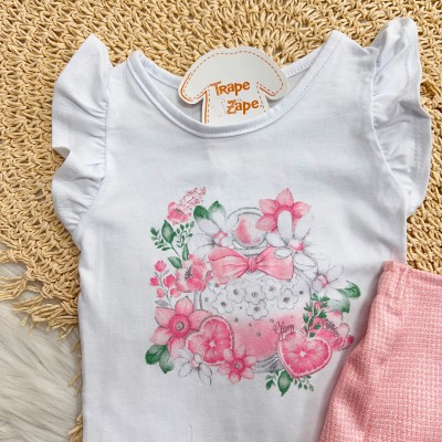 Conj. Blusa Bolsinha com Flores e Short Saia - Rose