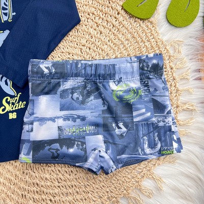 Linha Praia - Blusa Manga Longa Surf Skate e Sunga com Proteção UV50+ - Marinho