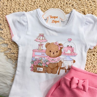 Conj. Blusa Ursinha com Bolo e Short - Branco e Rosa
