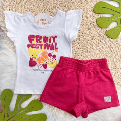 Conj. Blusa Fruit Festival e Short - Branco e Vermelho