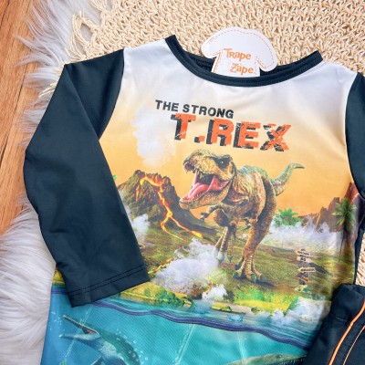 Linha Praia - Blusa Manga Longa T-REX e Sunga com Proteção UV50+ - Preto