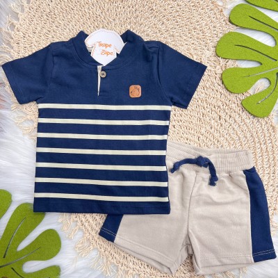 Conj. Camiseta Listrada Príncipe Urso e Bermuda - Marinho e Areia