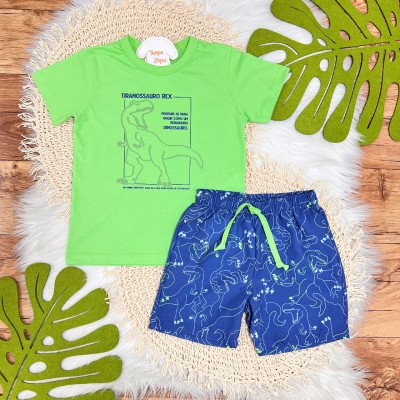 Conj. Camiseta Tiranossauro Rex e Bermuda - Verde e Azul