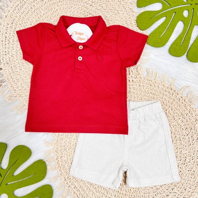Conj. Camiseta Gola Polo com Dois Botões e Bermuda em Linho - Vermelho e Areia