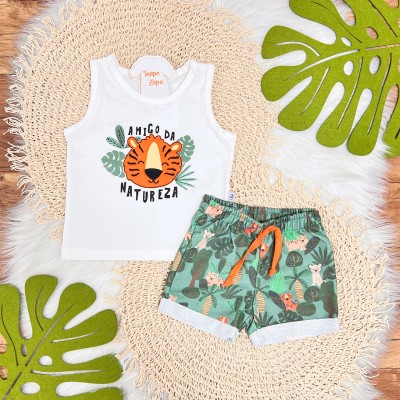 Conj. Regata Tigre Amigo da Natureza e Bermuda - Off White e Verde