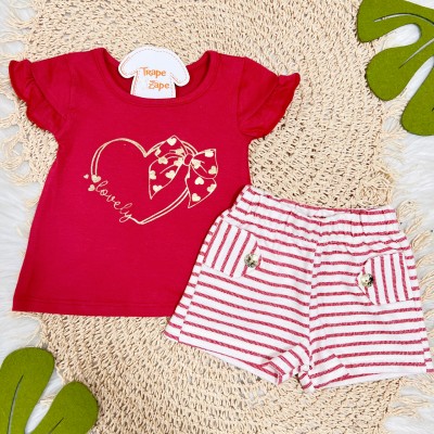 Conj. Blusa Lovely e Short Listrado com Botões Dourados - Vermelho e Off White