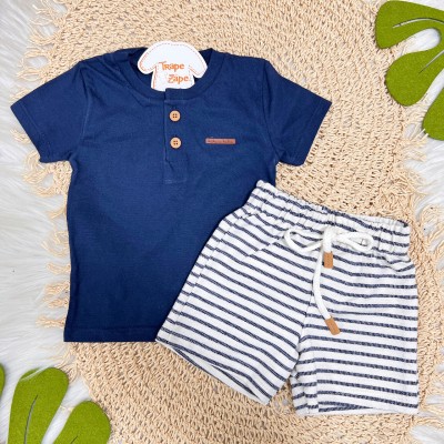 Conj. Camiseta com Botões e Bermuda Listrada - Marinho