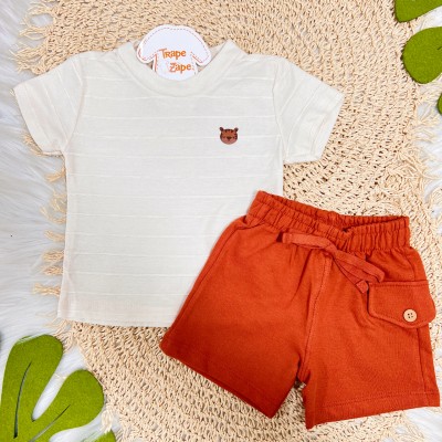 Conj. Camiseta Tigrinho e Bermuda em Moletinho - Areia e Ferrugem