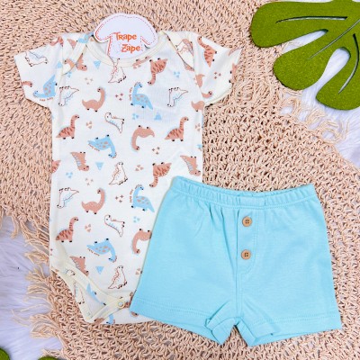 Conj. Body Manga Curta Dinosaur e Short com Botões - Creme e Verde 