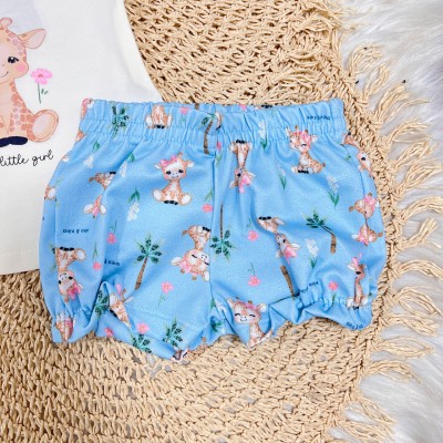 Conj. Blusa Hello Little Girl e Short Girafinha - Off White e Azul