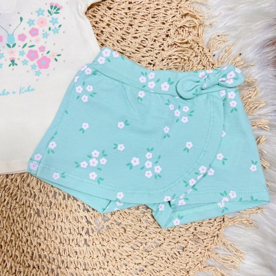 Conj. Blusa Borboleta e Short Florzinhas - Verde Água e Off White