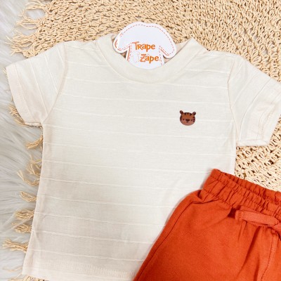 Conj. Camiseta Tigrinho e Bermuda em Moletinho - Areia e Ferrugem