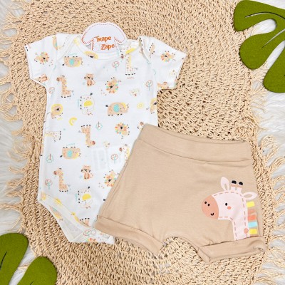 Conj. Body Manga Curta Bichinhos e Short Girafinha - Off White e Creme