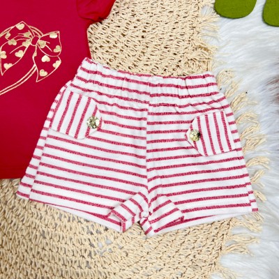 Conj. Blusa Lovely e Short Listrado com Botões Dourados - Vermelho e Off White