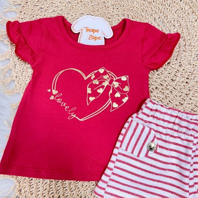 Conj. Blusa Lovely e Short Listrado com Botões Dourados - Vermelho e Off White
