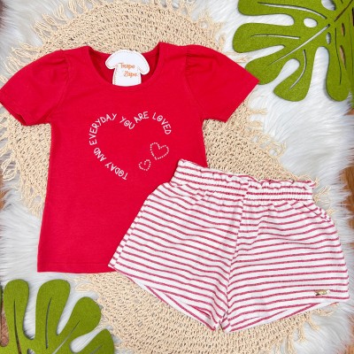 Conj. Blusa Today and Everyday e Short Listrado - Vermelho e Off White