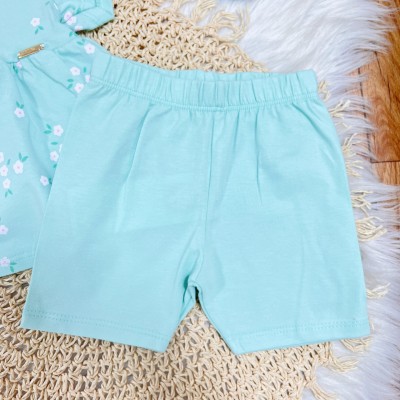 Conj. Batinha Florzinhas e Short Legging - Verde Água