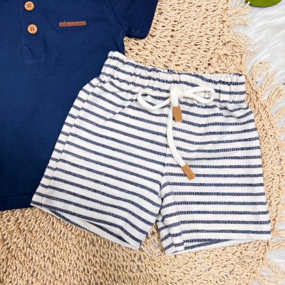 Conj. Camiseta com Botões e Bermuda Listrada - Marinho