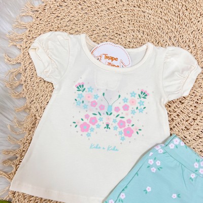 Conj. Blusa Borboleta e Short Florzinhas - Verde Água e Off White