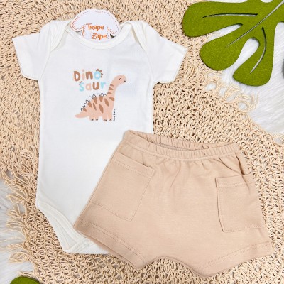 Conj. Body Manga Curta Dinosaur e Short - Off White e Areia
