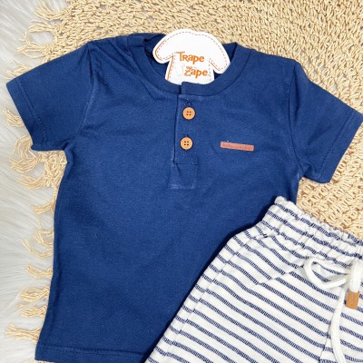 Conj. Camiseta com Botões e Bermuda Listrada - Marinho